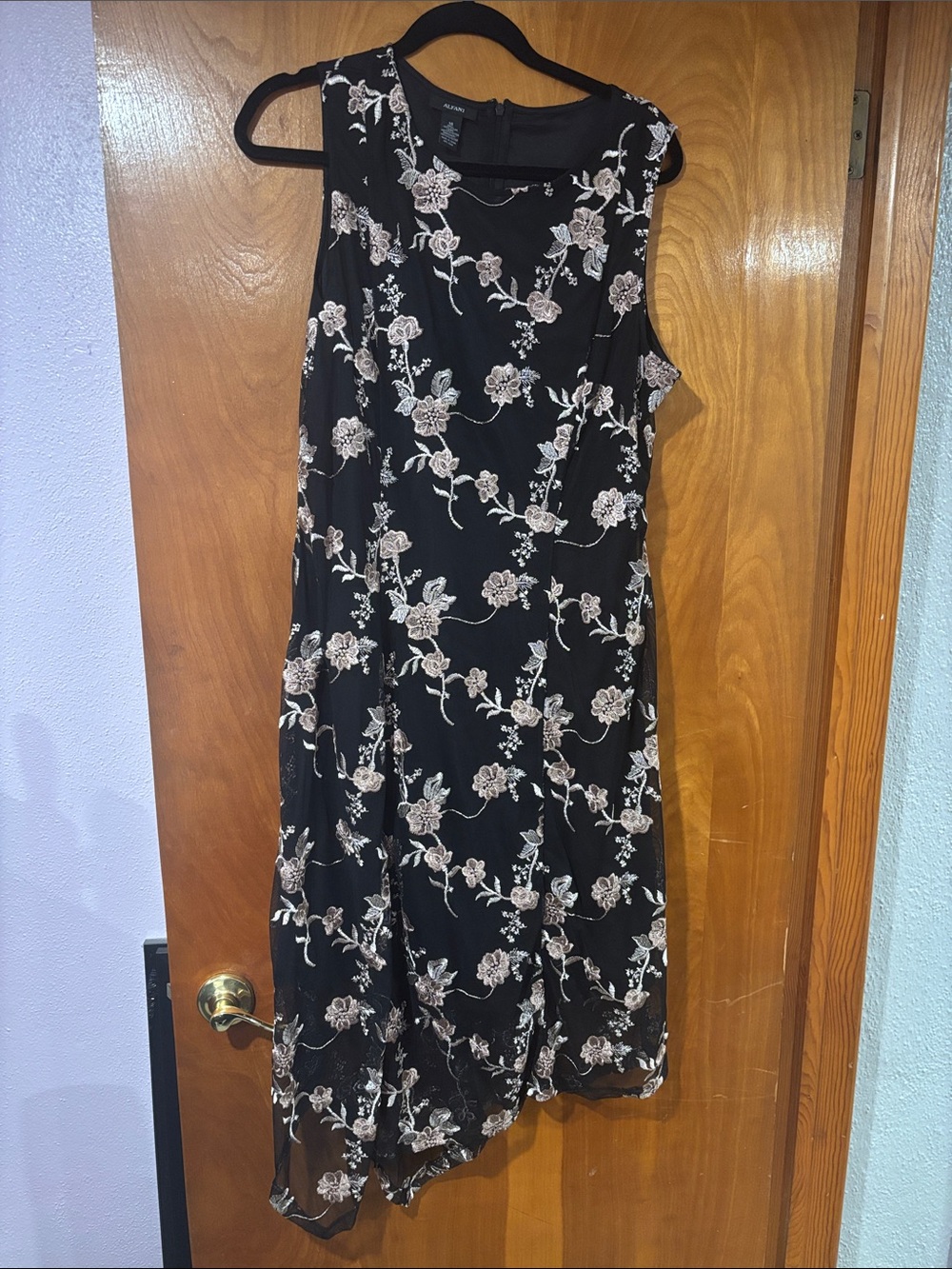 Alfani Black Asymmetrical Dress with Pale Pink and Cream Floral Embroidery